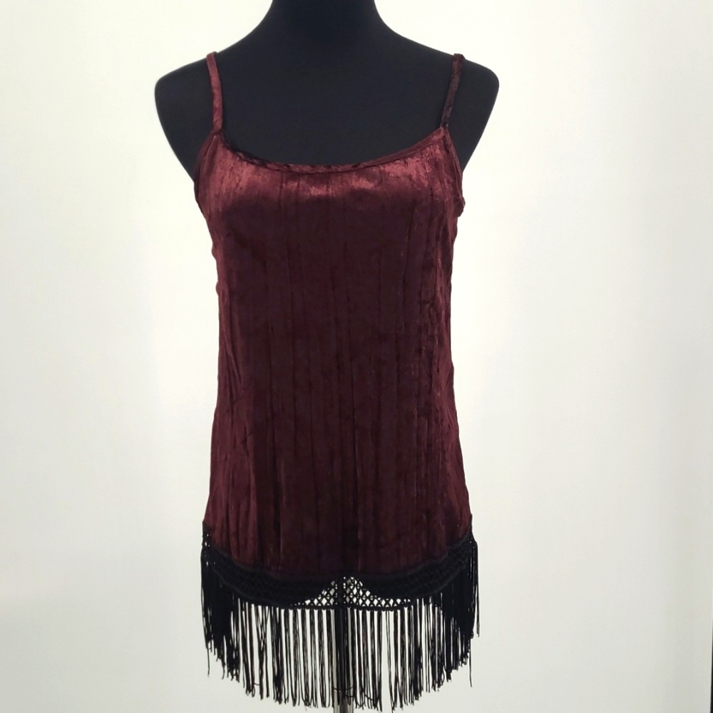 Ginger Jar Velvet Spaghetti Strap Top with Fringe Hem Women's size Medium